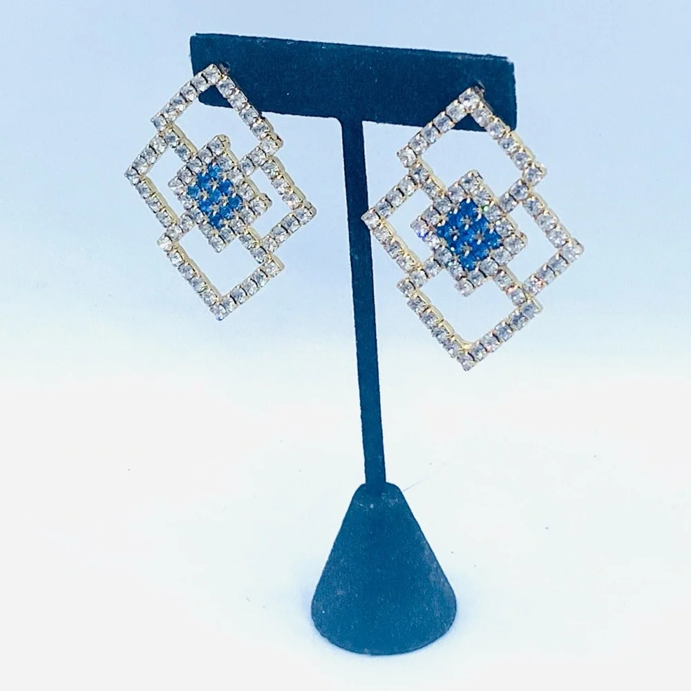 Vintage rhinestone pierced earrings geometric costume jewelry new old stock